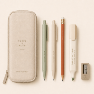 Writing tools set with pencil case, two pens, pencil, highlighter and sharpener on a clean neutral background