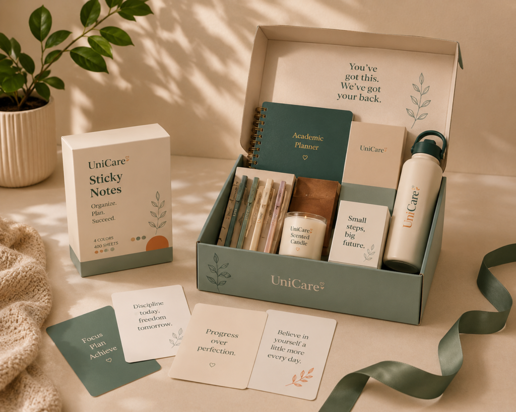 UniCare student wellness box with planner, notebook, self-care products and study essentials