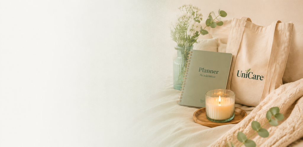 UniCare tote bag, student planner, and candle in a cozy setup for student routine and well-being