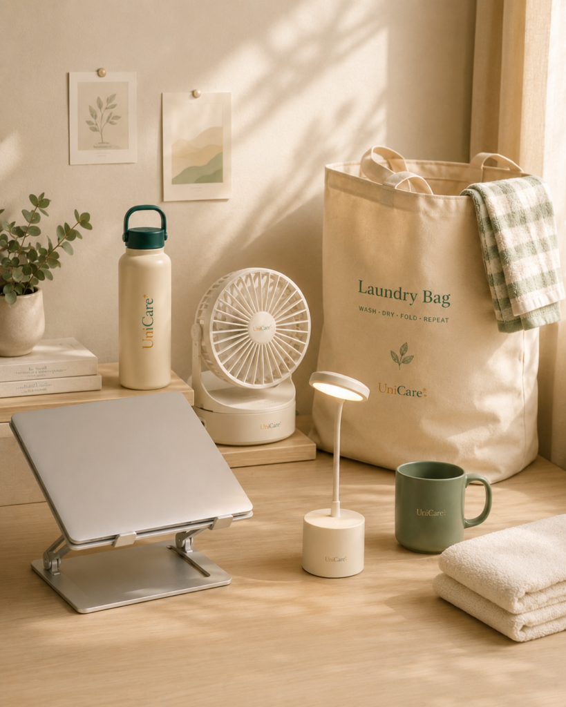 Dorm room essentials with laundry bag, mini fan, reusable water bottle, desk lamp, and mug.