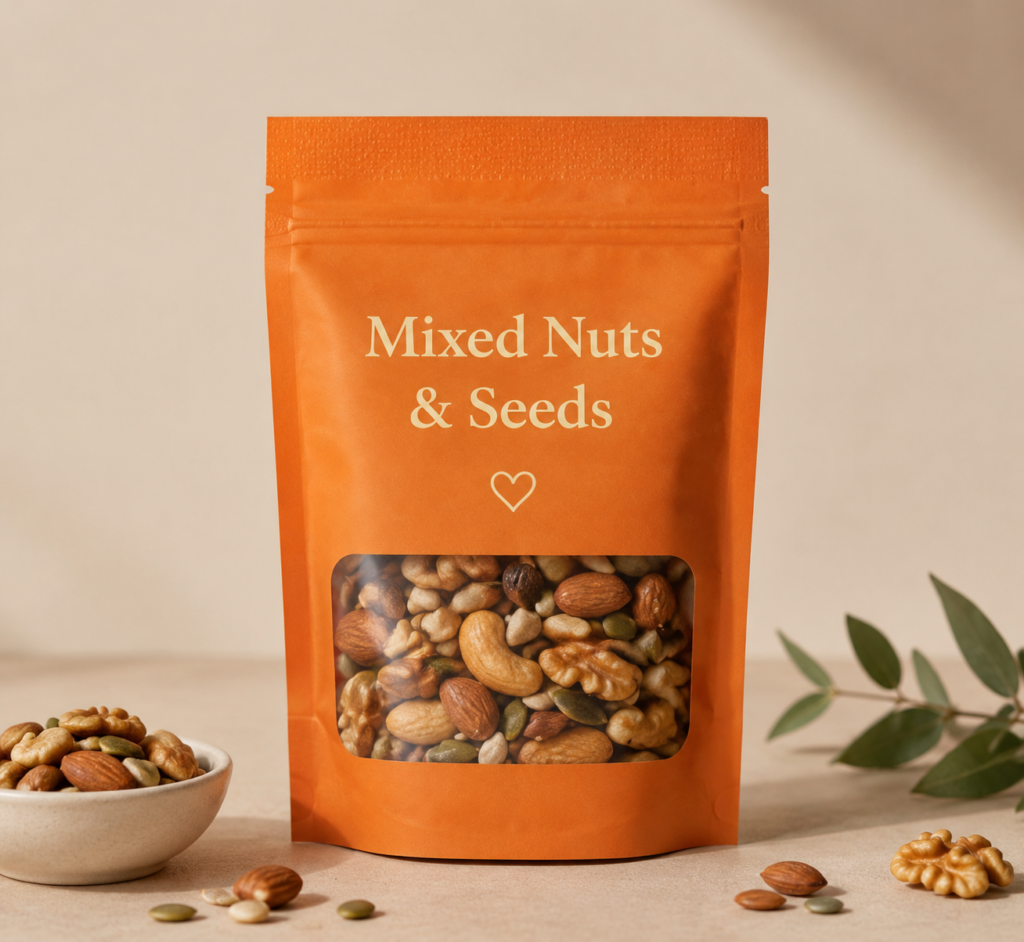 Mixed Nuts & Seeds pouch showing cashews, almonds, walnuts, pumpkin seeds, and sunflower seeds for a healthy snack.