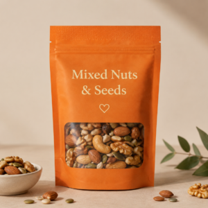 Mixed Nuts & Seeds pouch showing cashews, almonds, walnuts, pumpkin seeds, and sunflower seeds for a healthy snack.