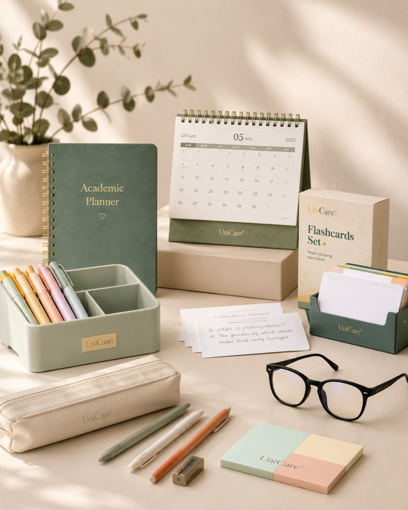 Study Essentials box with academic planner, flashcards, pens, and study tools for university students.