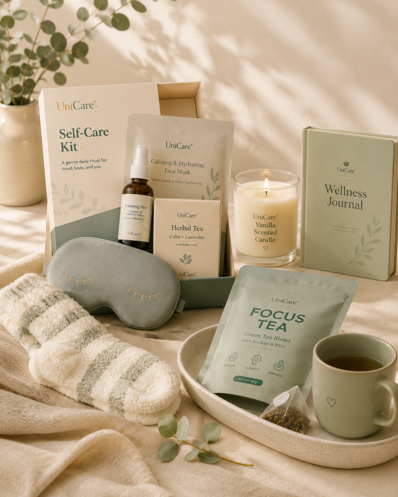 Self-care kit including eye mask, tea, candle, wellness journal, and cozy items for student relaxation.
